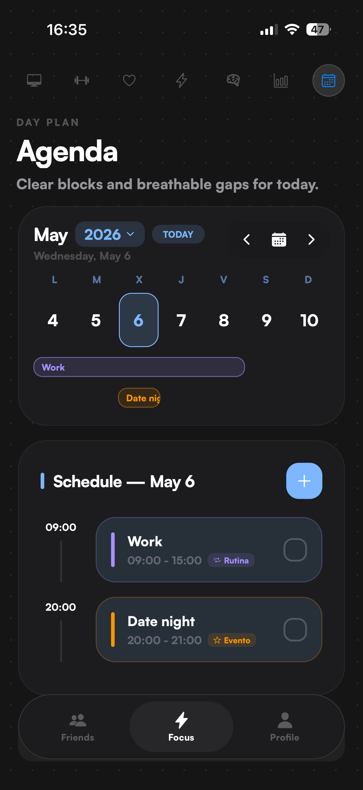 Prosperity app – agenda screen